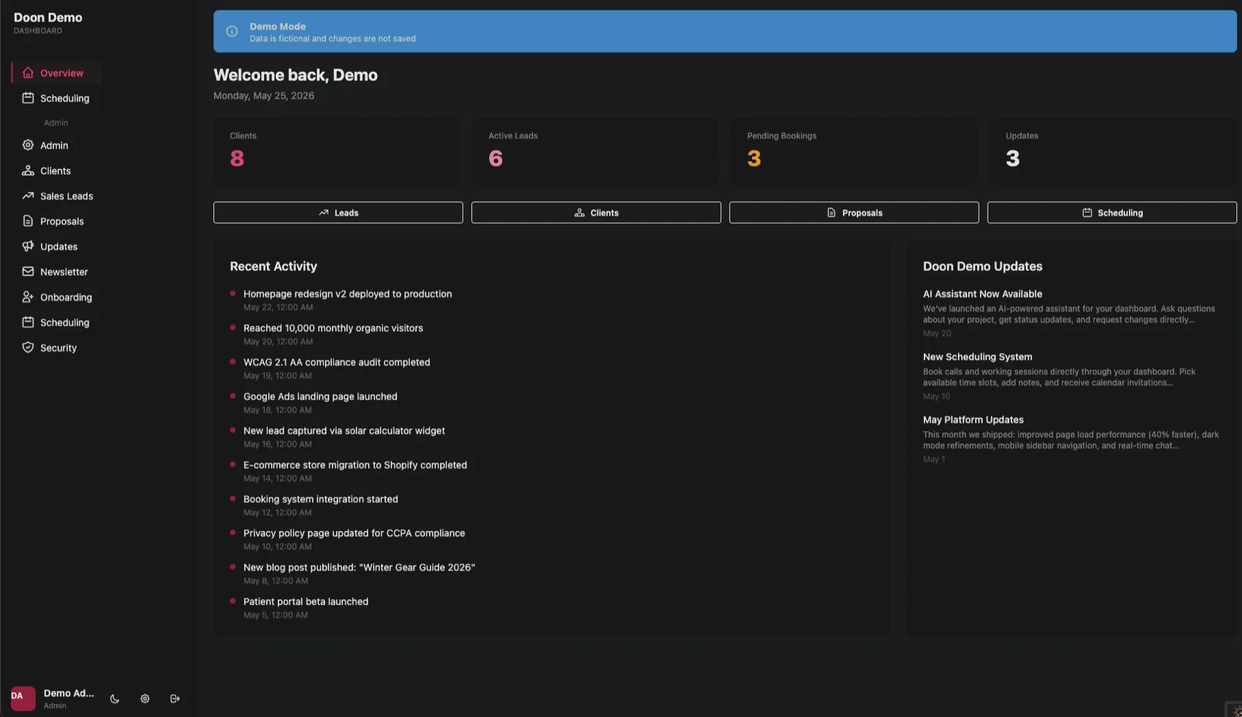 Doon CRM Dashboard — live demo showing clients, leads, scheduling, and activity feed